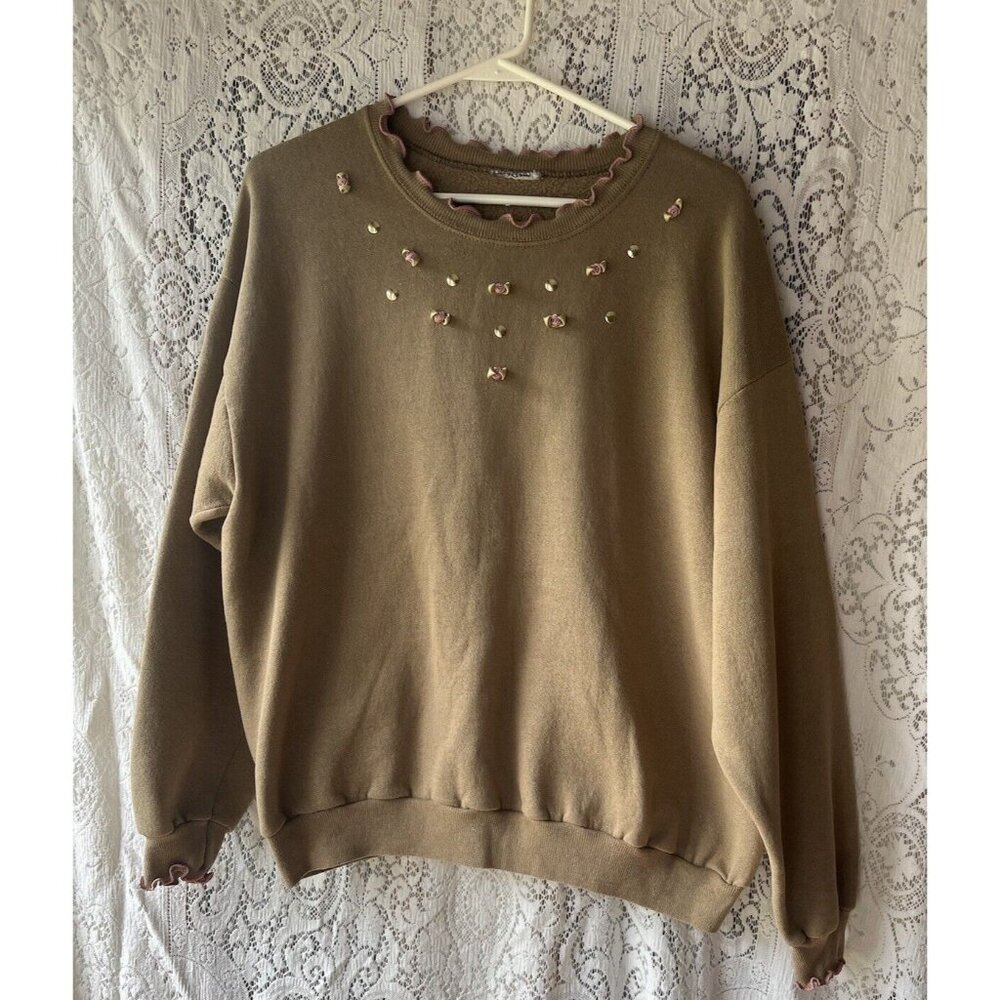 Scattered Pink‎ Roses & Gold Tone Embellished Brown Sweatshirt Couquette